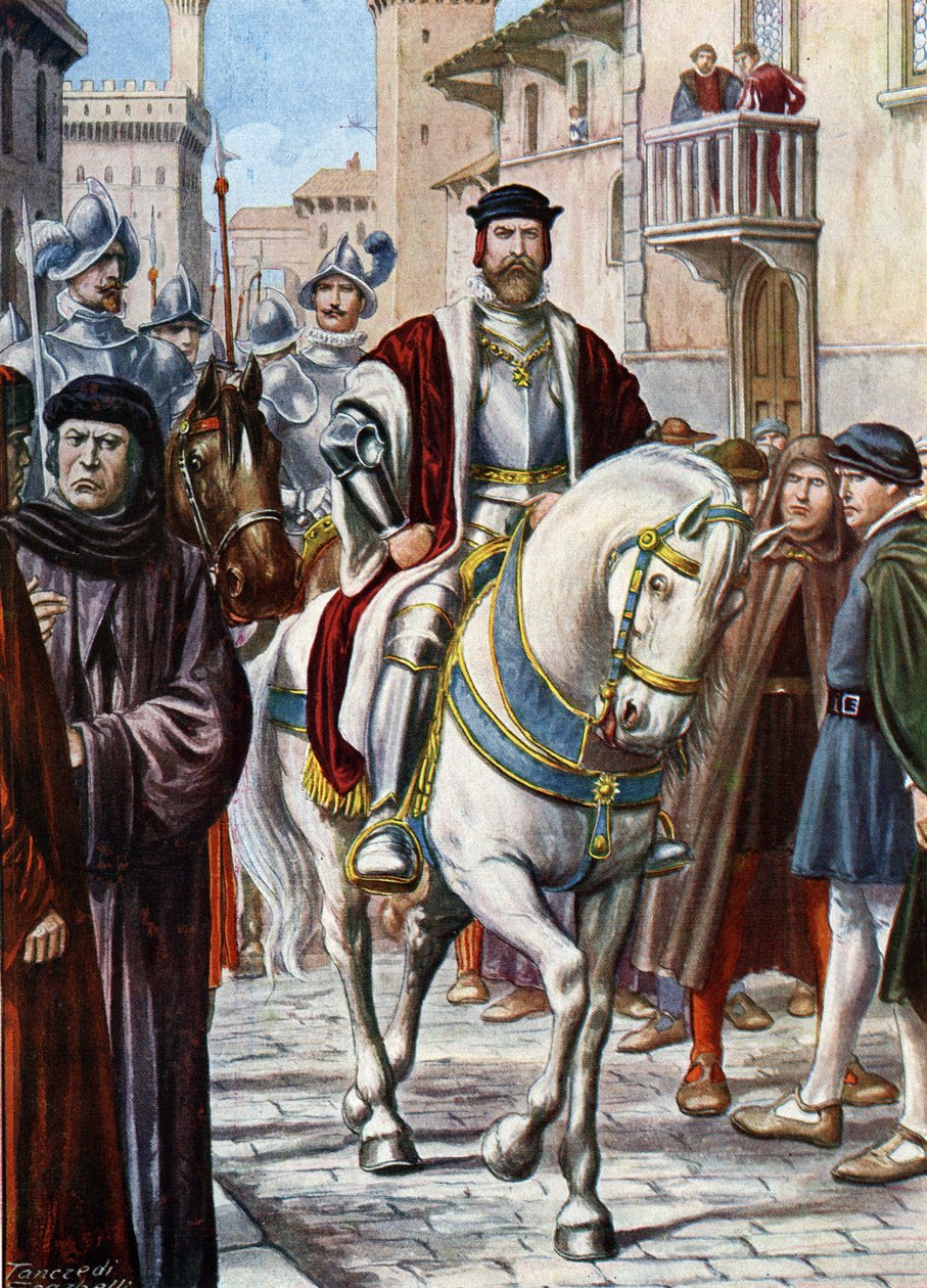 Retrato de Cosimo I de Medici (1519-1574), circulando pelas ruas de Florença, cercou membros da sua milícia composta por soldados espanhóis e alemães (Retrato de Cosimo I de Medici, Grão-Duque da Toscana, protegido de Tancredi Scarpelli