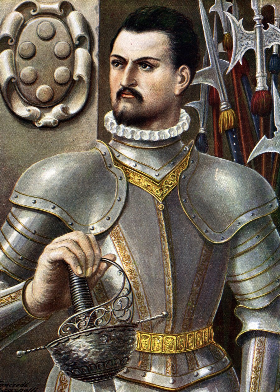 Retrato de Jean de Medicis conhecido como Jean des Bands Noires (Giovanni dalle Bande Nere) (1498-1526) Ilustração do condomínio italiano de Tancredi Scarpelli (1866-1937) de "Storia d