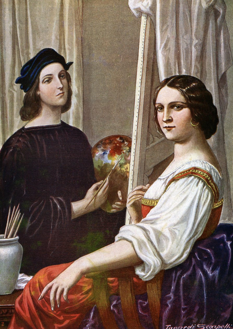 Retrato do pintor Rafael (Raffaello Sanzio 1483 - 1520) pintando a Fornarina (pintor italiano Rafael e a jovem chamada Fornarina) Ilustração de Tancredi Scarpelli (1866-1937) de “Storia d
