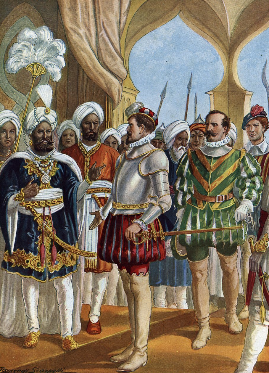 O navegador português Pedro Álvares Cabral (1460-1526) na corte do rei (Zamorin) de Calicut (Kozhikode) em 13/09/1500 para negociar o estabelecimento de um balcão, Índia (navegador português Pedro Álvares Cabral a negociar com o Zamorin em Cali de Tancredi Scarpelli