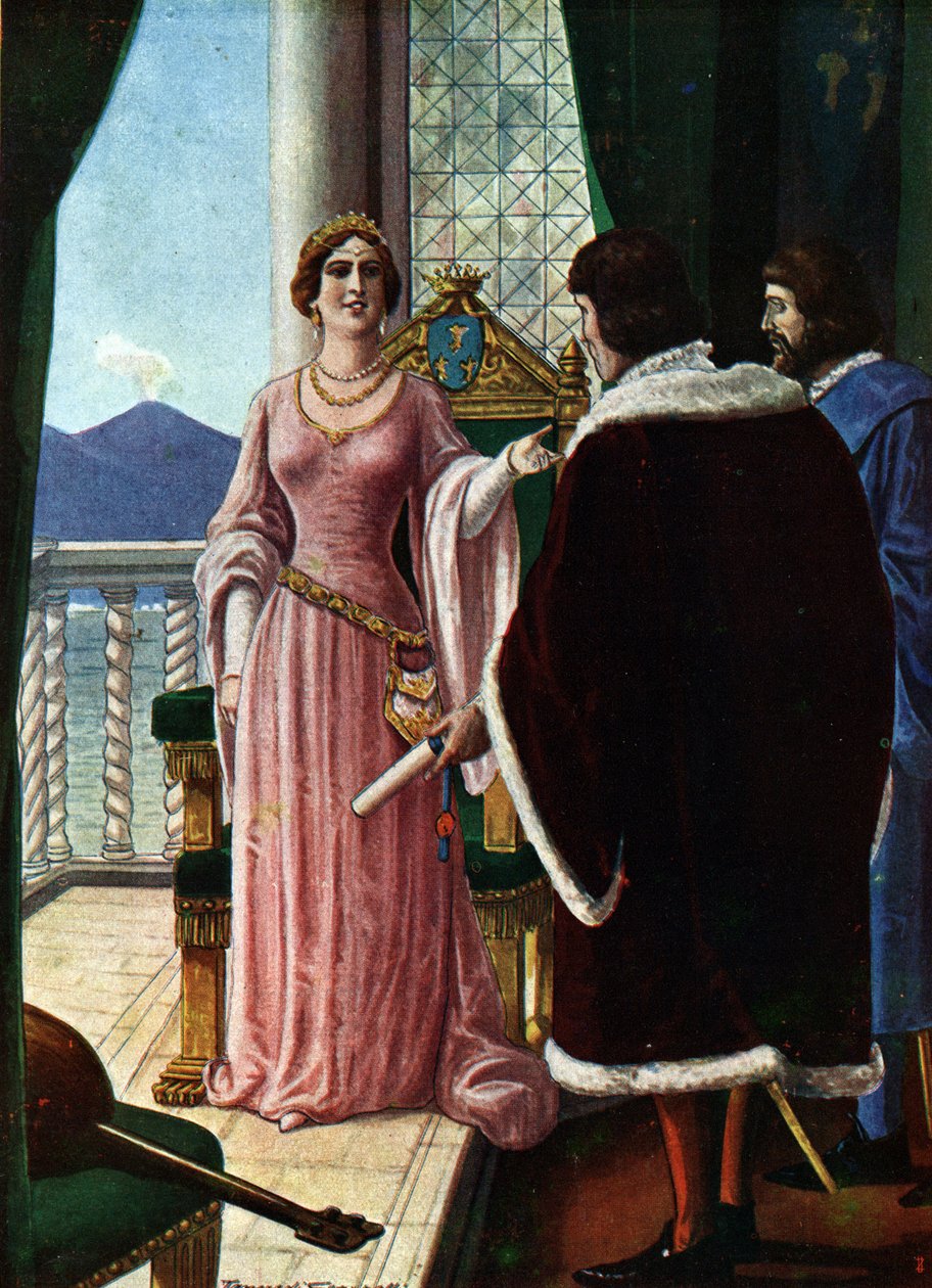 A Rainha Joana II de Nápoles (Giovanna di Napoli ou Anjou Durazzo) (1373-1435) designa o seu filho adoptivo Luís III de Anjou (1403-1434) (a Rainha Joana II de Nápoles escolhe Luís III como rei de Nápoles) Ilustração de Tancredi Scarpelli (1866-1937) de "S de Tancredi Scarpelli