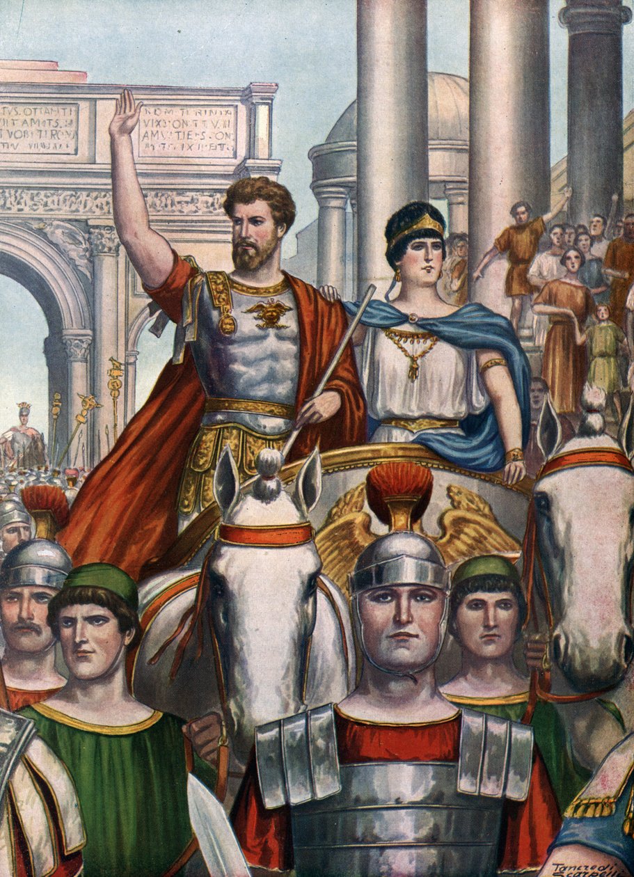 Antiguidade Romana: O imperador Septímio Severo (145-211) regressa a Roma com a sua esposa Júlia Domna (170-217) em 193 d.C." (Imperador Romano Septímio Severo e a sua esposa Júlia Domna entrando em Roma de Tancredi Scarpelli