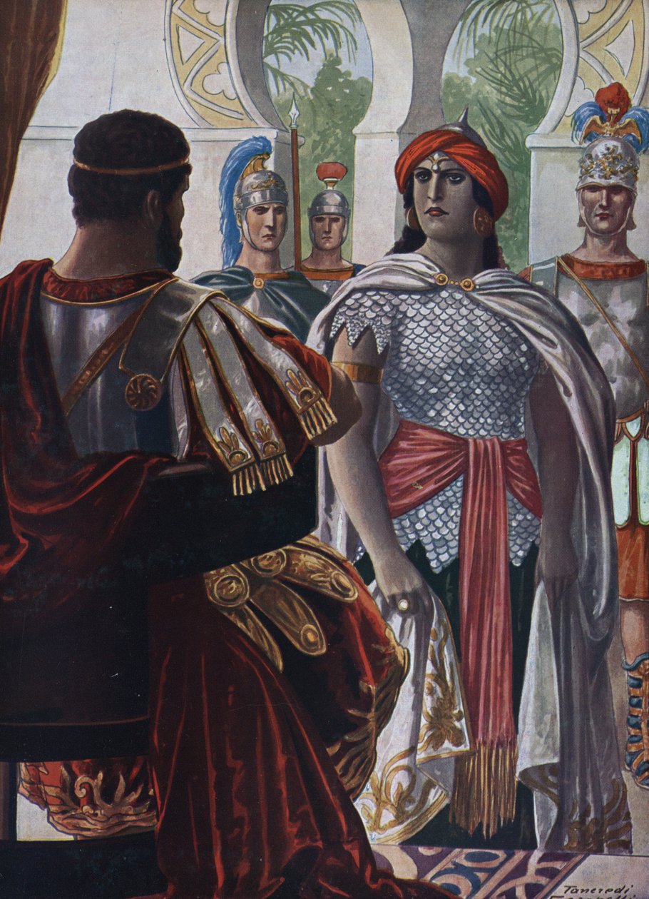 Antiguidade Romana: O Imperador de Palmyra Septimia Bathzabbai Zenobie capturado pelo Imperador Romano Aurelien, 272" (A rainha do império Palmyrene Zenobia prisioneiro do Imperador Romano Aurelian, 272 d.C.) Ilustração de Tancredi Scarpelli (1866-1937) ti de Tancredi Scarpelli
