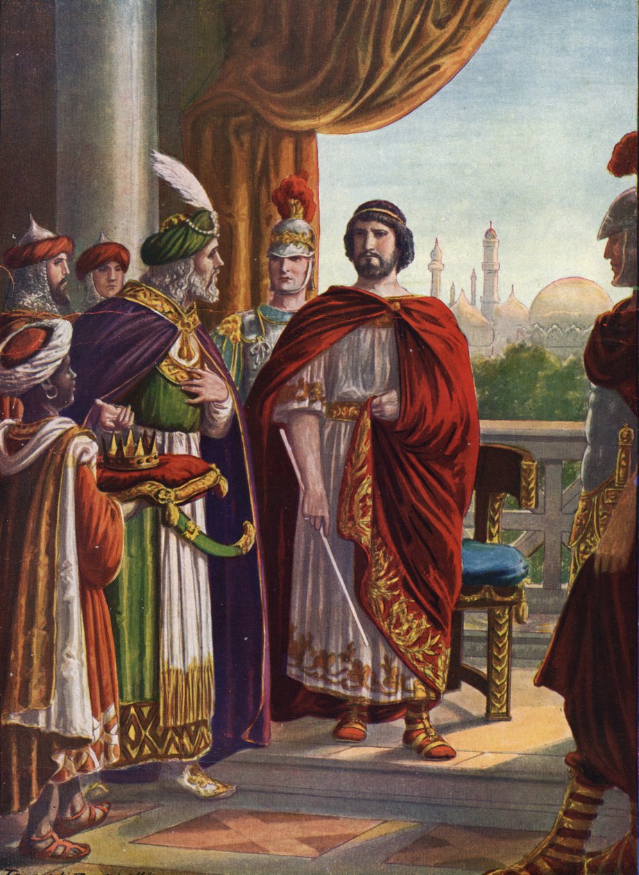 Antiquite romana: Imperador Juliano o Apóstata (Juliano o Filósofo ou Juliano II) vitorioso pelo Rei Persa Shapur II em 363 DC" (Imperador Romano Juliano o Apóstata (Juliano o Filósofo) e Rei da Pérsia Shapur II, 363 DC) Ilustração de Tancre de Tancredi Scarpelli