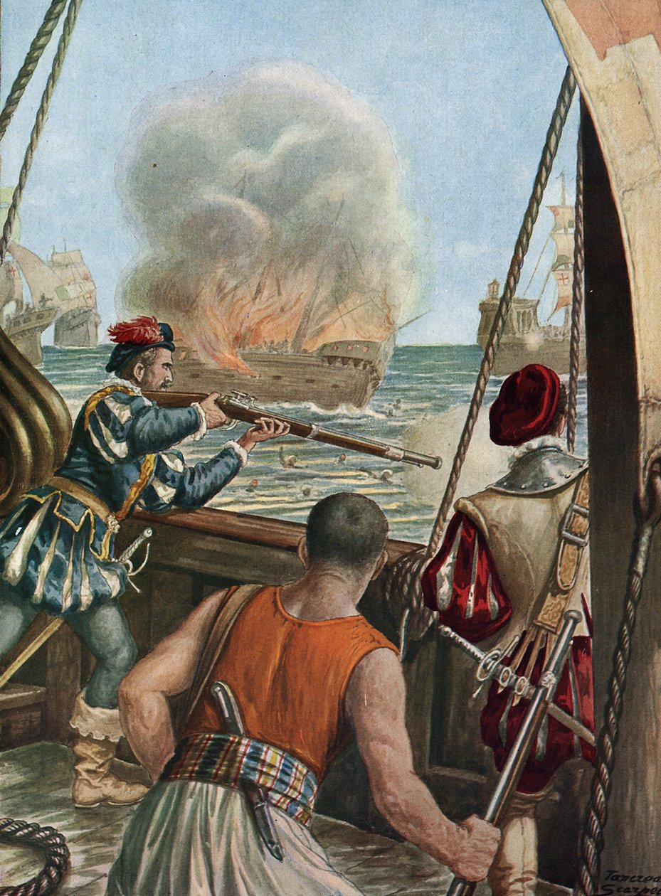 Segunda expedição à Índia (1502-1503) "Batalha naval entre a frota portuguesa de Vasco de Gama e a de Calicut, os portugueses despedem o navio muçulmano Miri carregam os pelerins que regressam de Meca, 3/10/1502" (segunda viagem de Vasco de Gama (1502-1503 de Tancredi Scarpelli