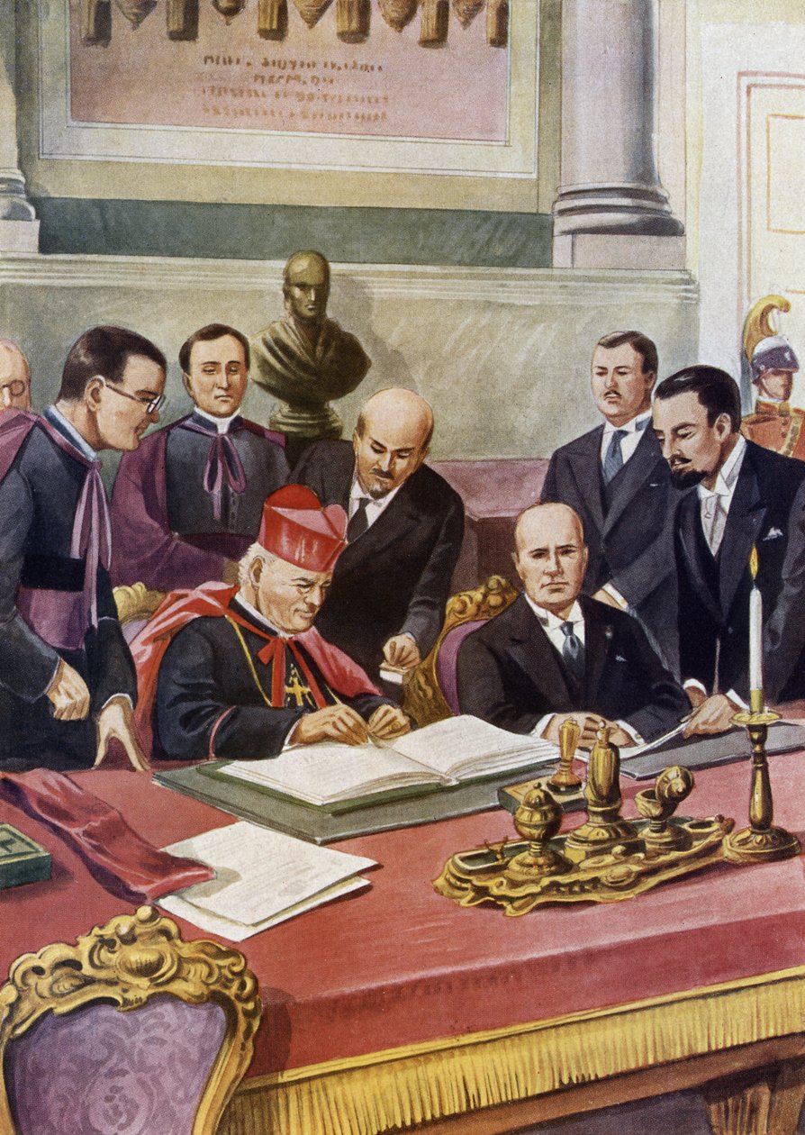 Assinatura dos Acordos Lateranenses (Patti lateranensi) entre o governo italiano (fascista) e o Cerco do Vaticano Santo (St. Siege) que garantem a soberania do Papa no Vaticano e formalizam a religião católica em Itália: Cardeal Pietro de Tancredi Scarpelli