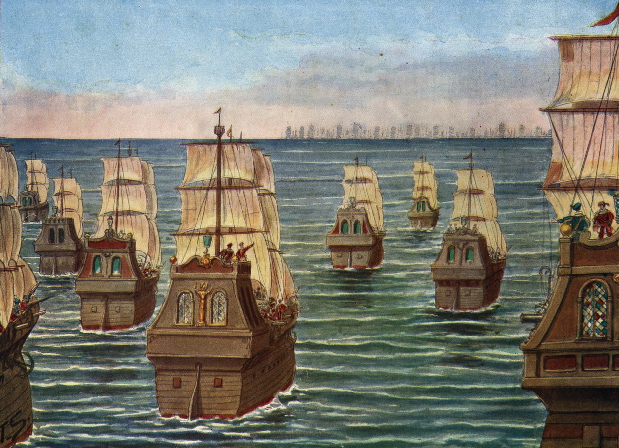 A Batalha de Cannanor teve lugar em Março de 1506 ao largo do porto de Cannanore, na Índia, entre a frota indiana do Samorin de Calicut e uma frota portuguesa sob Lourenco de Almeida, filho do Vice-rei Almeida) Ilustração de Tancredi Scarpelli em " de Tancredi Scarpelli