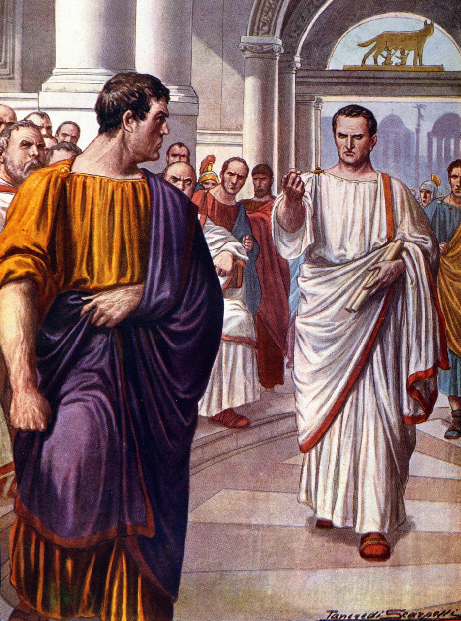 O estadista romano Ciceron (Marcus Tullius Cicero) (106-43 AC) cruza o conspirador Catilina (Lucius Sergius Catilina) (108-62 AC), que ele denuncia em 63 AC durante os discursos dos catilinaries. Ilustração de Tancredi Scarpelli (1866-1937) de Tancredi Scarpelli