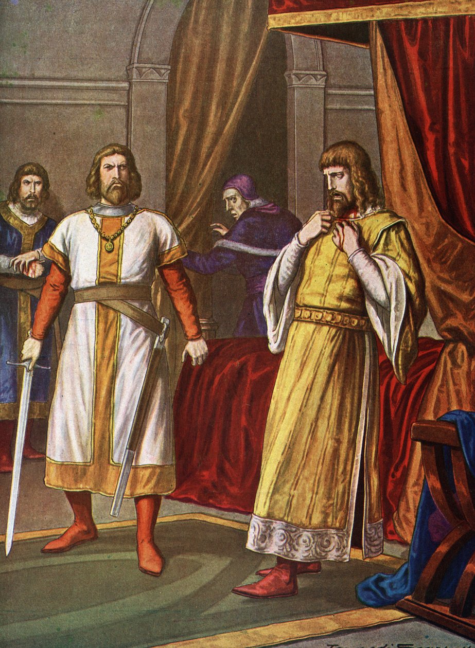 O assassinato do príncipe Filipe da Suábia (1177-1208) em 21/06/1208 em Bamberg por Otton de Wittelsbach conde palatino de Baviere (Assassinato de Filipe da Suábia (Philipp von Schwaben) em Bamberg, em 21 de junho de 1208, pelo conde Otto VIII de Wittelsba de Tancredi Scarpelli