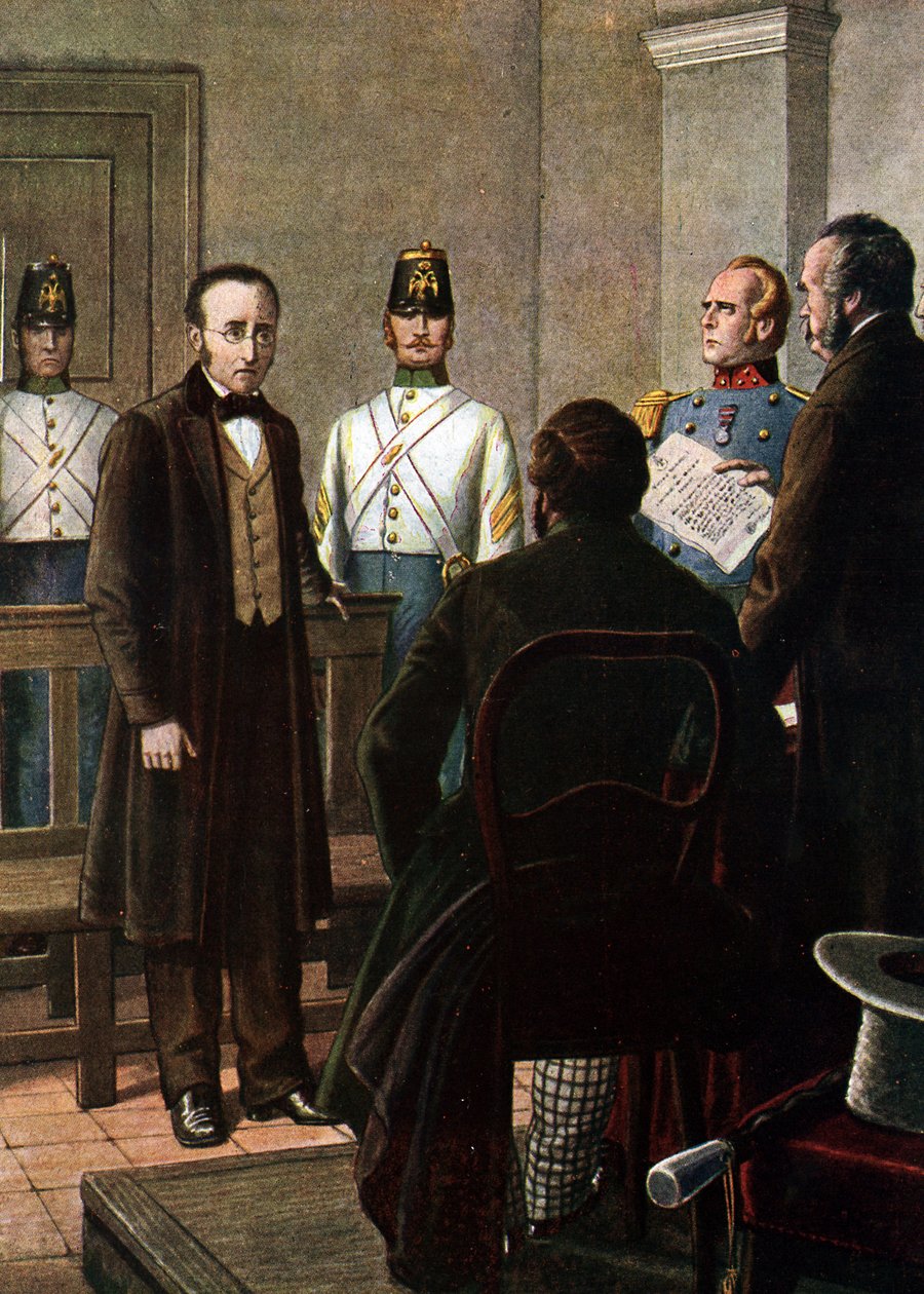 A leitura da carta de sentença condenando Silvio Pellico (1789 - 1854) e Piero Maroncelli (1795 - 1846) ao encarceramento na fortaleza de Spielberg em Brno por pertencerem ao movimento Carbonari (Charbonnerie ou Carboneria) de Tancredi Scarpelli