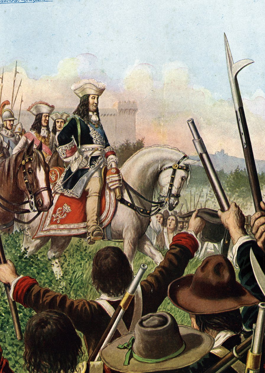 Guerra da Sucessão Espanhola: O Duque Vittorio Amedeo (Victor Amedee) II de Sabóia (1666-1732) declarou guerra à França por alliing com a Áustria em 1703" (Guerra da Sucessão Espanhola: Victor Amadeus II da Sardenha declara guerra contra a França, ca. 1703 de Tancredi Scarpelli