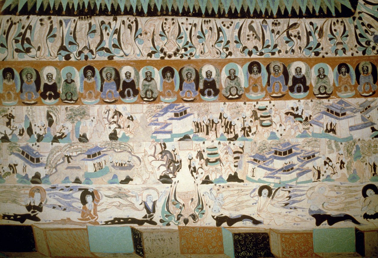 Buda e cenas da vida quotidiana, frescos que remontam à Dinastia Tang, China, séculos VII-XVIII de Tang Dynasty Chinese School