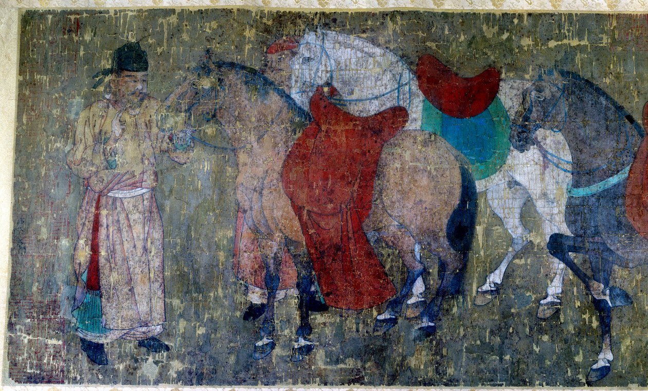 Arte chinesa: "dois palefreniers conduzindo quatro cavalos num estábulo imperioso" Detalhe de um fragmento de um pergaminho de seda atribuído a Han Kan, pintor da corte do Imperador Hiuan tsong (712-756). Período Tang. Dim. 50x141 cm Paris musee Cernuschi de Tang Dynasty Chinese School