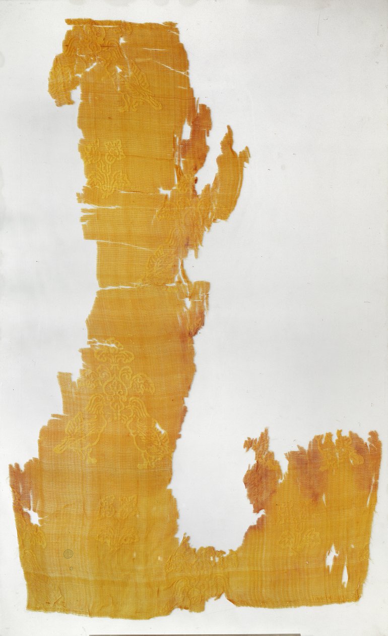 Fragmento de material com padrões de motivos florais e patos mandarim (gaze de seda batik) de Tang Dynasty Chinese School