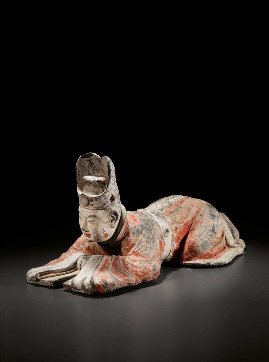 Oficial da corte Kowtowing, início da dinastia Tang, séculos 7 a 8 (cerâmica pintada) de Tang Dynasty Chinese School