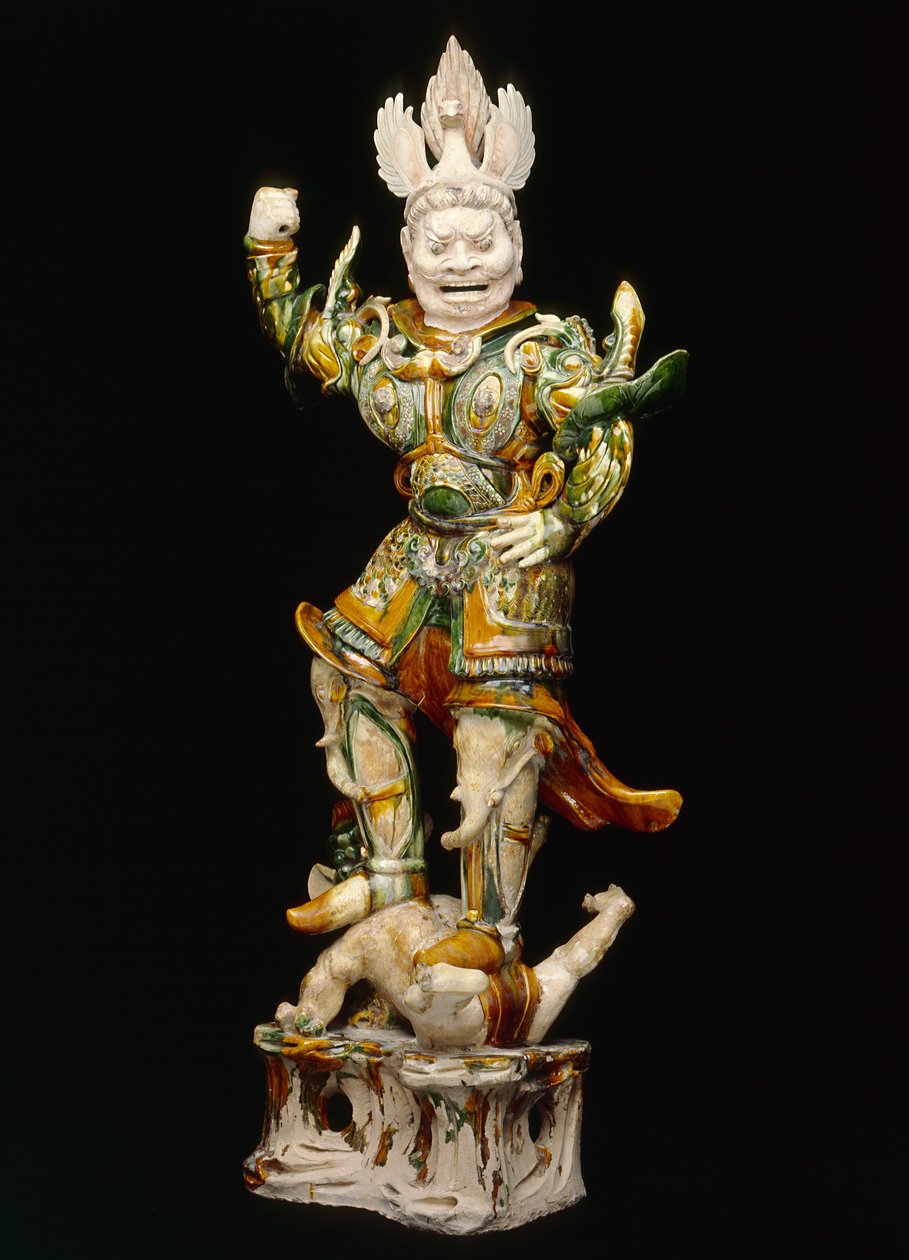Lokapala (Guardião Celestial), início do século VIII (louça de barro com esmaltes de chumbo de três cores (sancai)) de Tang Dynasty Chinese School