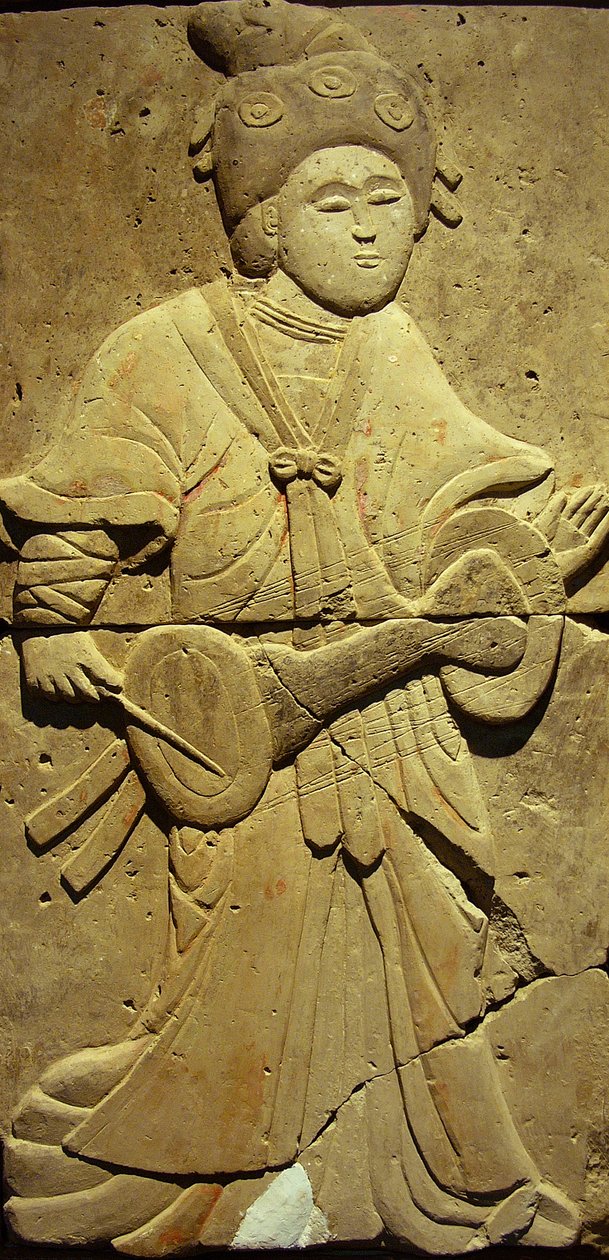 Estela representando um músico (terracotta) de Tang Dynasty Chinese School