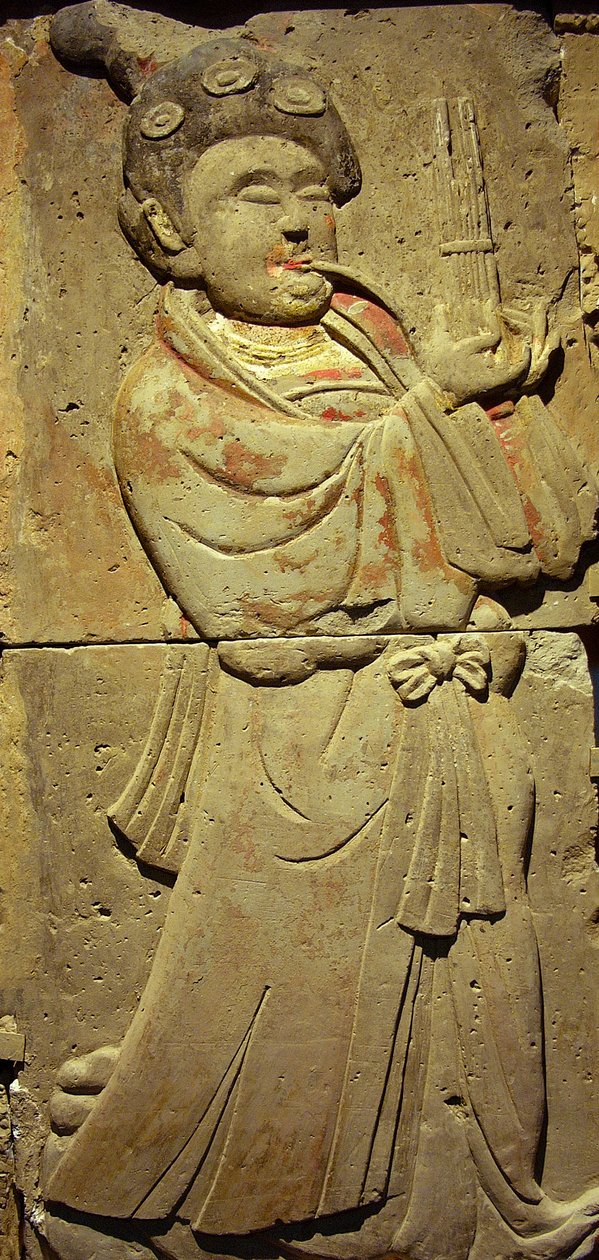 Estela representando um músico (terracotta) de Tang Dynasty Chinese School