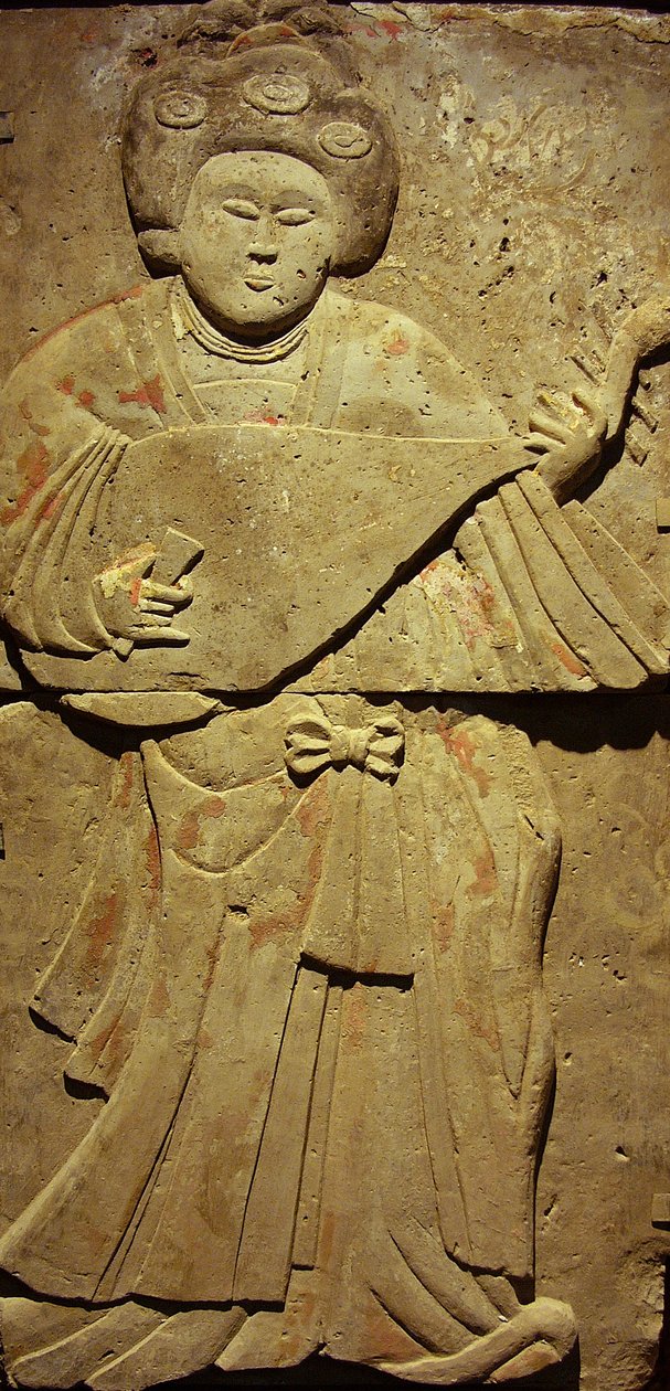 Estela representando um músico (terracotta) de Tang Dynasty Chinese School