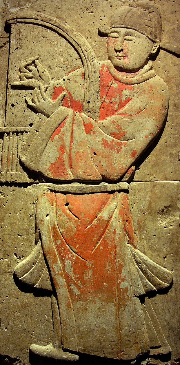 Estela representando um músico (terracotta) de Tang Dynasty Chinese School