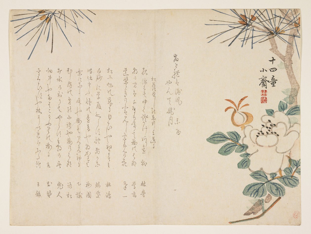 Pinho e uma flor de peônia, 1860 (impressão de woodblock de cor) de Tanomura Shsai