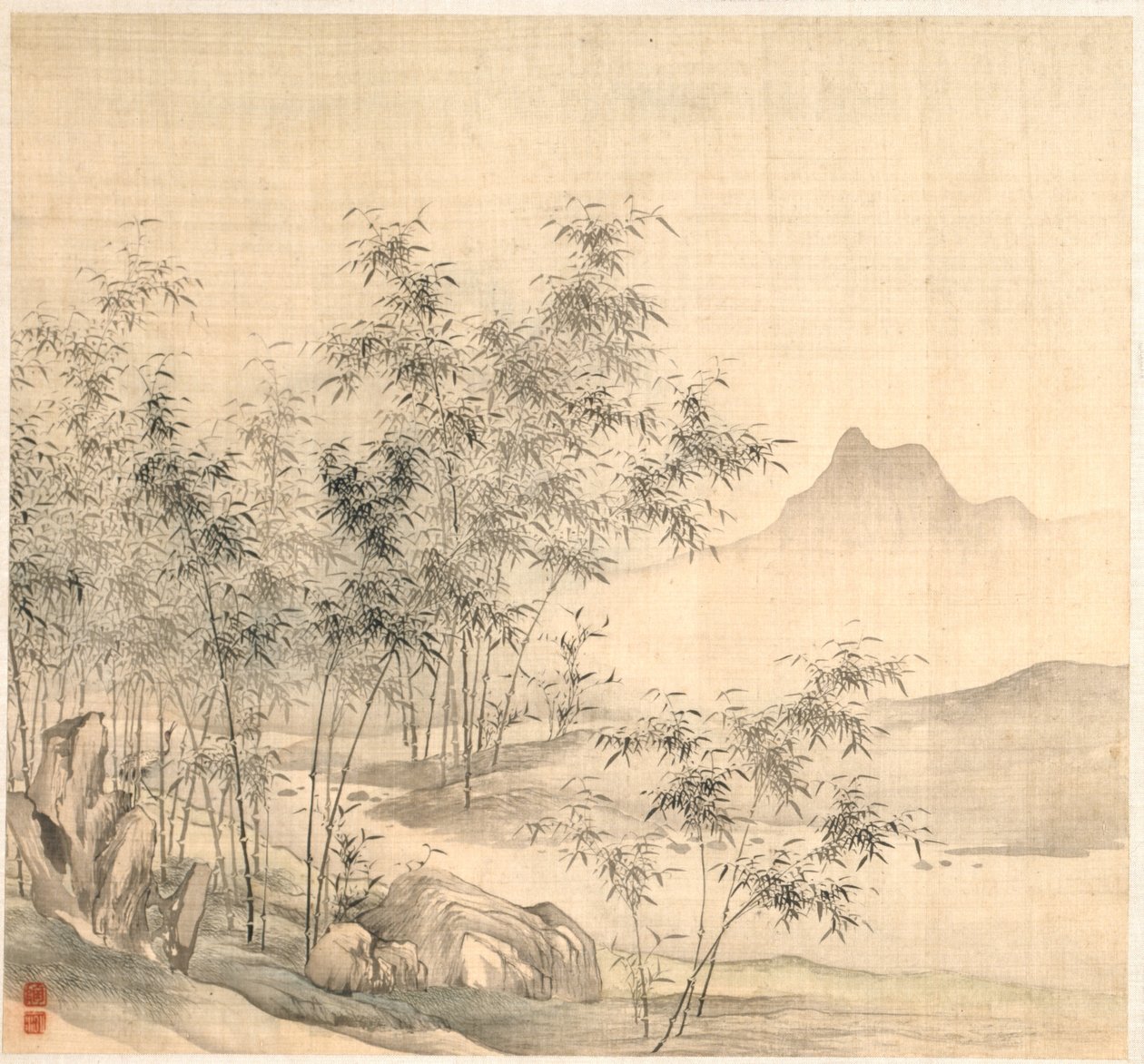Um guindaste solitário no bosque de bambu, início dos anos 1600. de Tao Hong