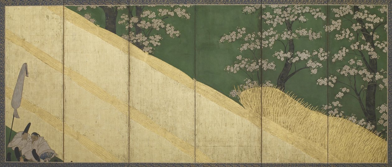 Flores de cerejeira, uma cerca alta e retentores, período Edo, 1590-1640 (cor e ouro sobre papel) de Tawaraya Sotatsu