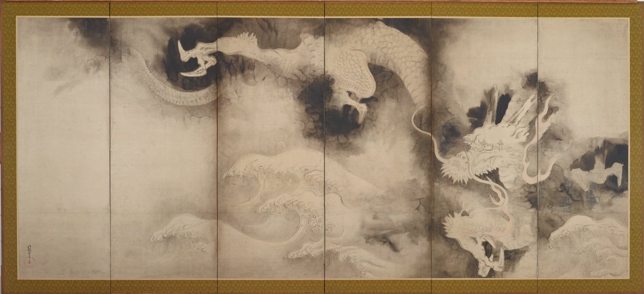Dragões e Nuvens, Período Edo (tinta e tonalidade rosa sobre papel) de Tawaraya Sotatsu