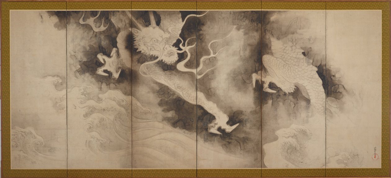 Dragões e Nuvens, Período Edo (tinta e tinta no papel) de Tawaraya Sotatsu