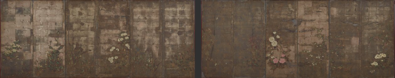 Flores das estações, telas (seis painéis), 1600-1630 (cor sobre prata sobre papel) de Tawaraya Sotatsu