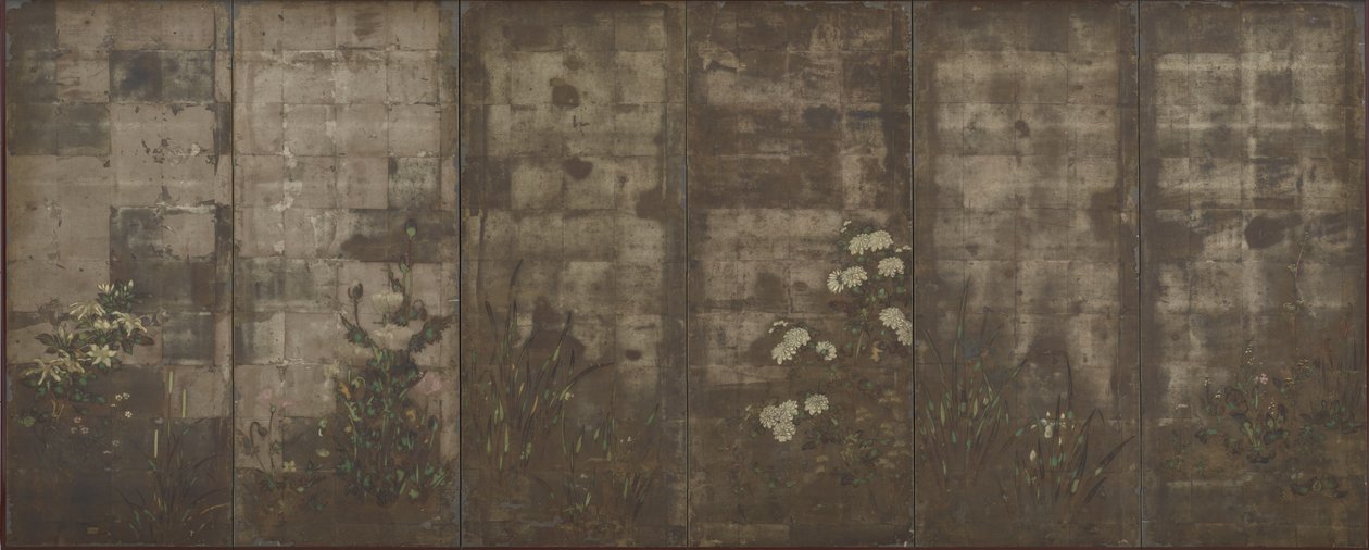 Flores das estações, telas (seis painéis), 1600-30 (cor sobre prata sobre papel) de Tawaraya Sotatsu