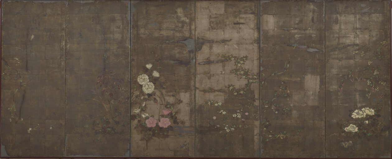 Flores das estações, telas (seis painéis), 1600-30 (cor sobre prata sobre papel) de Tawaraya Sotatsu