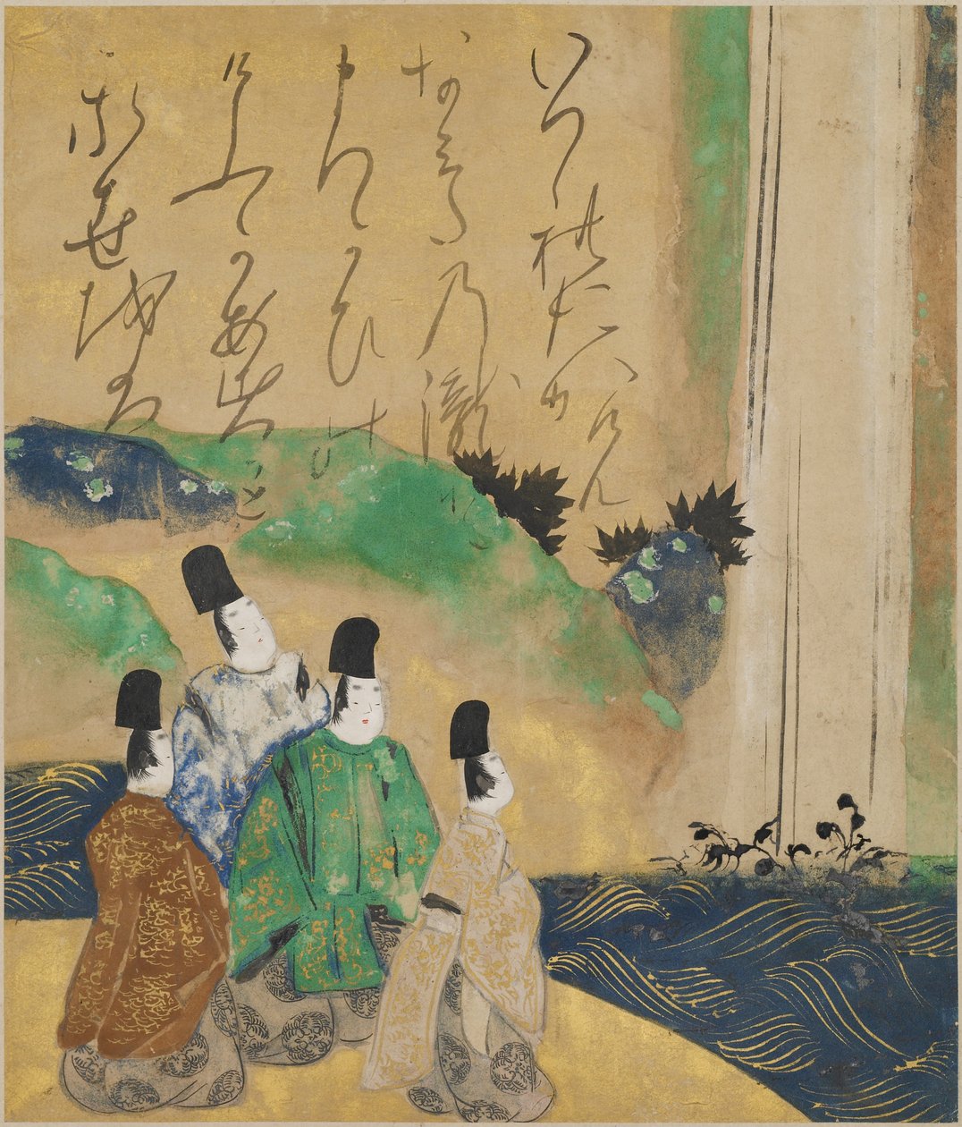 Nobres vendo a cachoeira Nunobiki, c.1643 (tinta e cor no papel) de Tawaraya Sotatsu