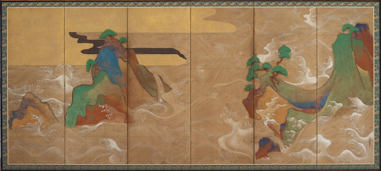 Ondas em Matsushima, período Edo (tinta, cor, ouro e prata sobre papel) de Tawaraya Sotatsu