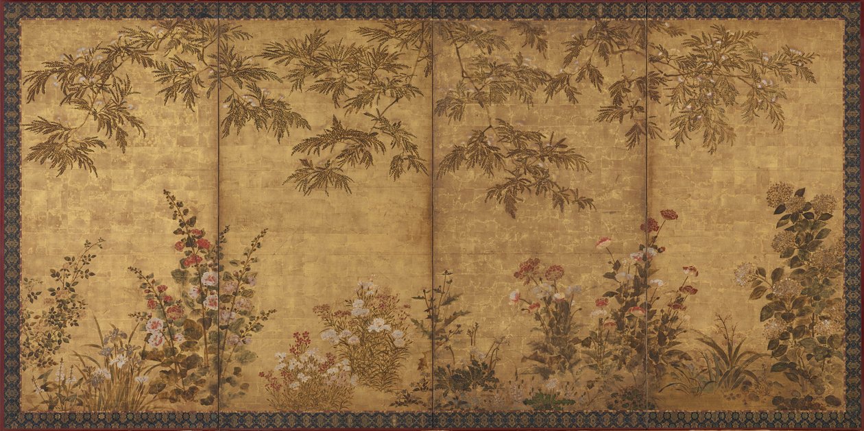Mimosa, papoulas e outras flores de verão, período Edo, 1630-1670. de Tawaraya Sosetsu