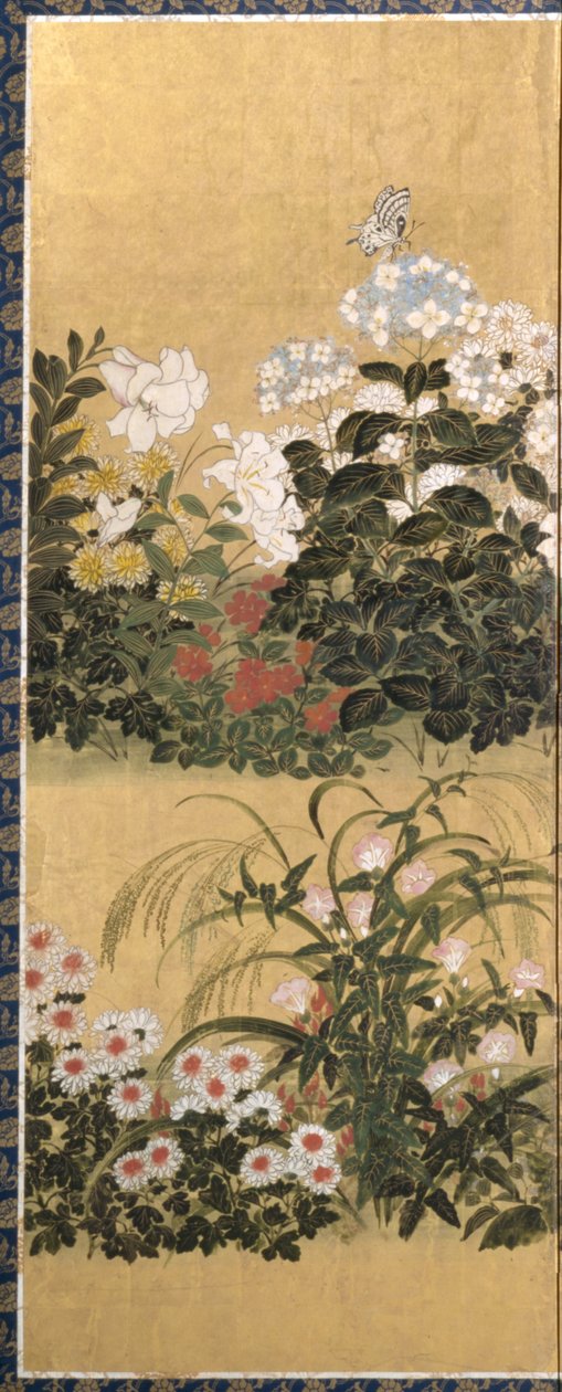 Flores e borboletas (tinta, cor e folha de ouro sobre papel) de Tawaraya Sotatsu