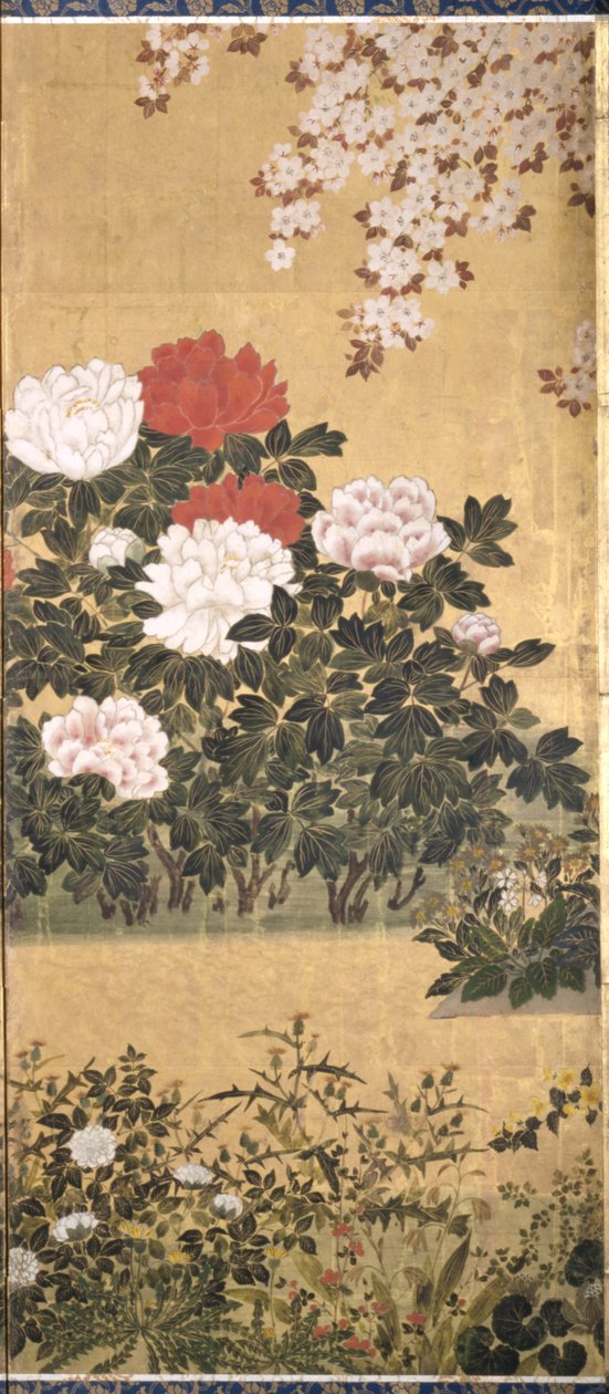 Flores e borboletas (tinta, cor e folha de ouro sobre papel) de Tawaraya Sotatsu
