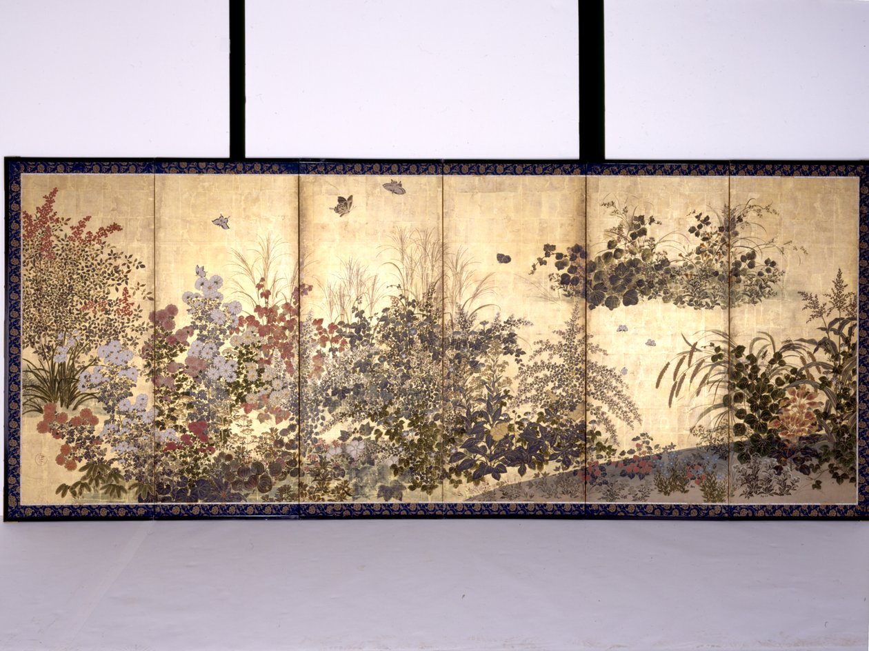 Flores e borboletas (tinta, cor e folha de ouro sobre papel) de Tawaraya Sotatsu