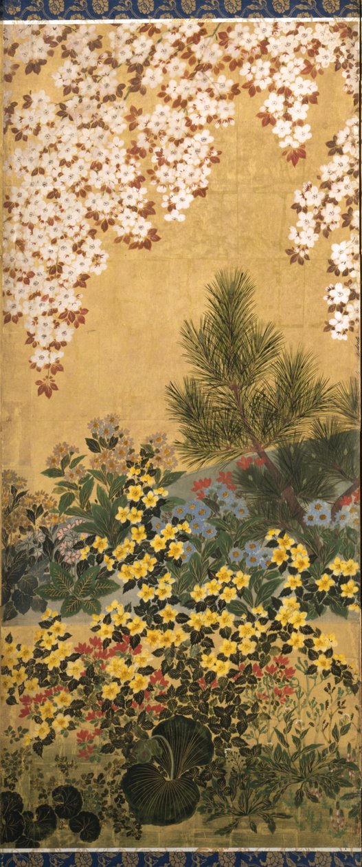 Flores e borboletas (tinta, cor e folha de ouro sobre papel) de Tawaraya Sotatsu