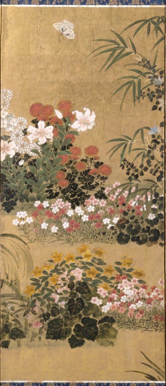 Flores e borboletas (tinta, cor e folha de ouro sobre papel) de Tawaraya Sotatsu
