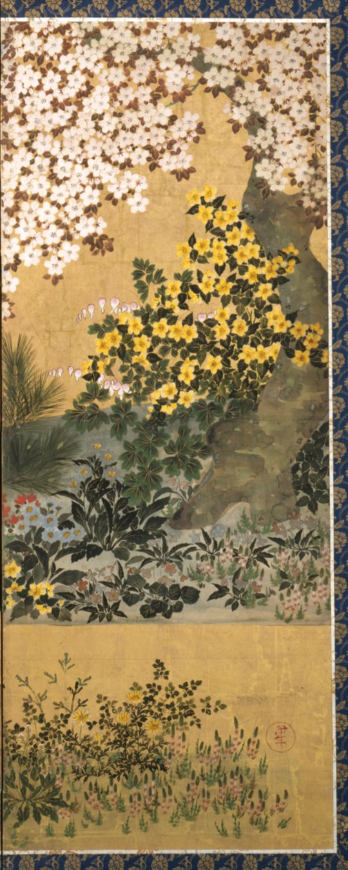 Flores e borboletas (tinta, cor e folha de ouro sobre papel) de Tawaraya Sotatsu