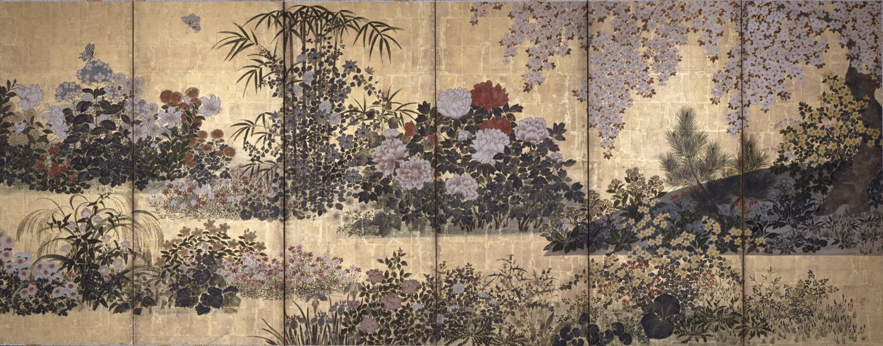 Flores e borboletas (tinta, cor e folha de ouro sobre papel) de Tawaraya Sotatsu