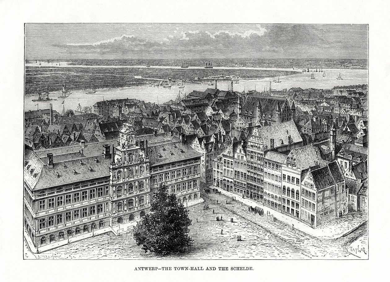 Prefeitura e rio Schelde, Antuérpia, Bélgica, 1879 de Taylor