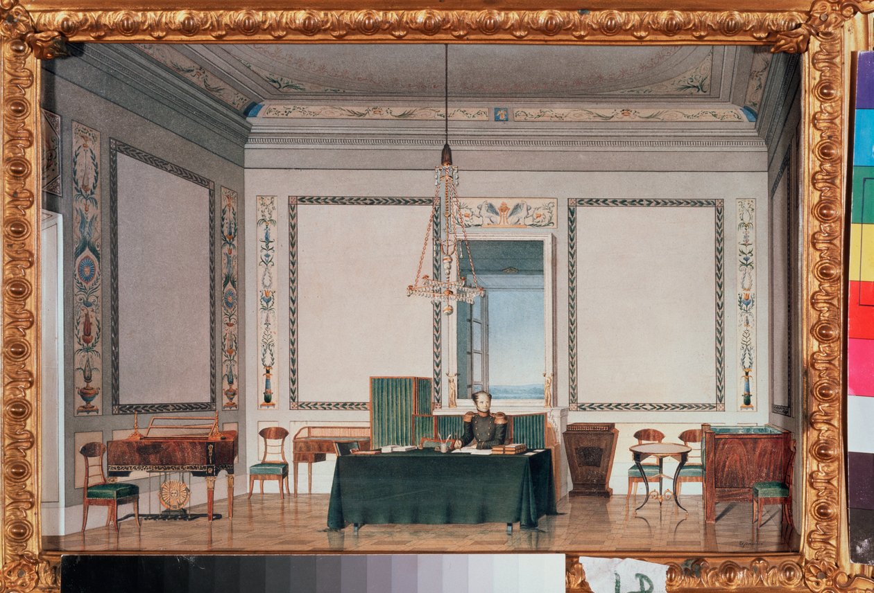 Imperador Alexandre I (1777-1825) em sua sala de estudos no Palácio de Inverno (São Petersburgo) - Imperador Alexandre I em sua sala de estudos no palácio de inverno - Obra de Chernik, aquarela sobre papel de Tchernik Tchernik