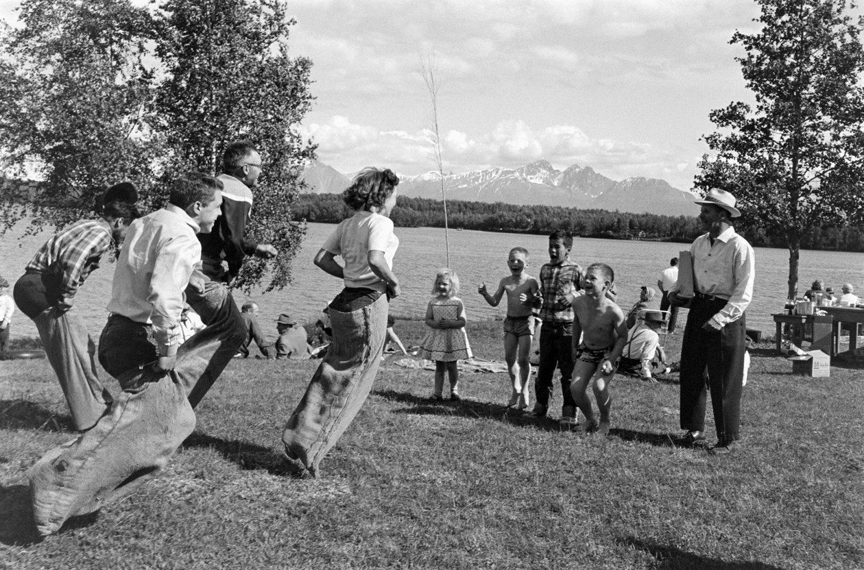 Jogos durante um piquenique junto ao rio Matanuska em Palmer, Alasca de Ted Spiegel