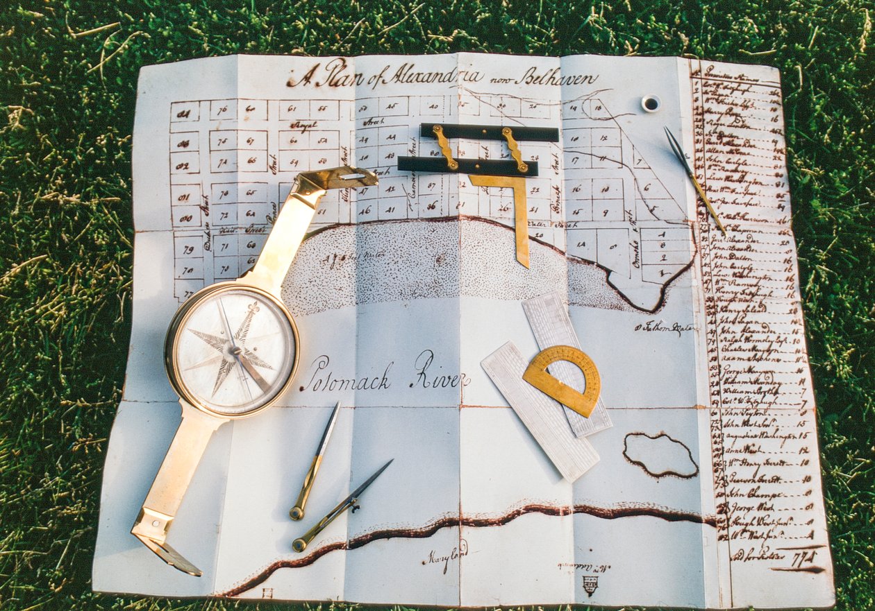 Ferramentas de topografia e mapa desenhado por George Washington de Ted Spiegel