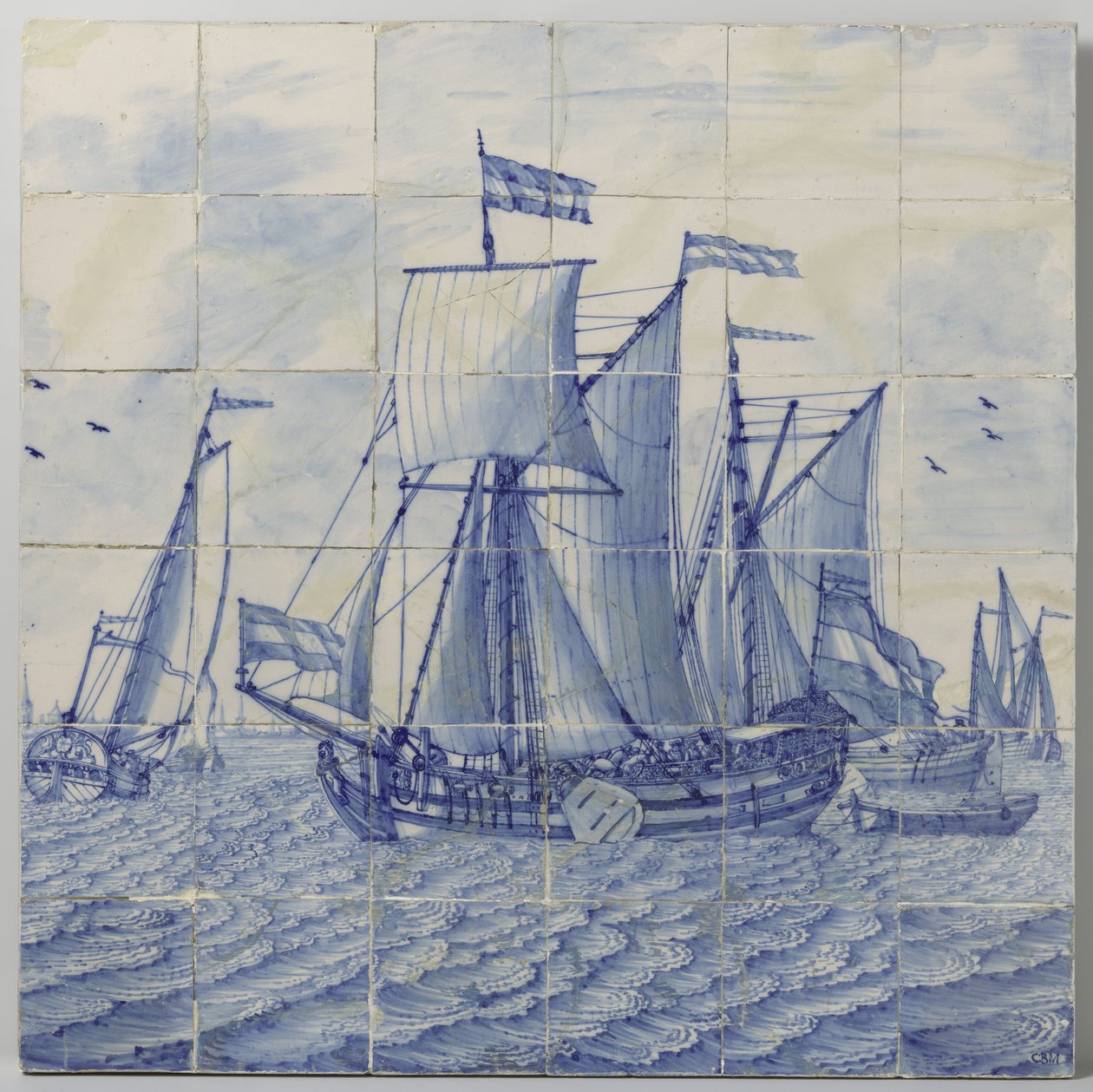 Tabuleiro em mosaico com uma paisagem marítima de Tegelbakkerij aan de Delftschevaart