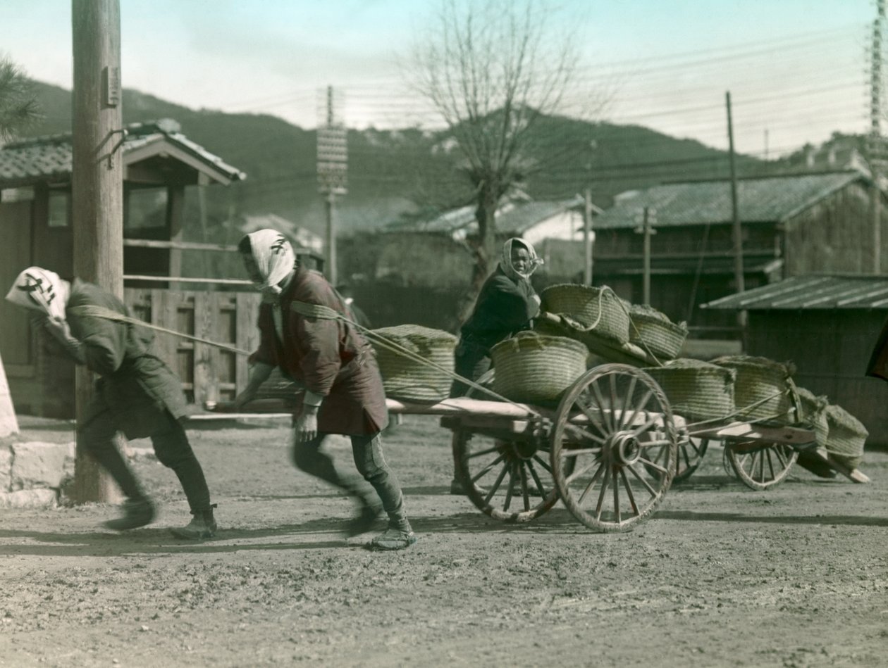 Camponeses japoneses a puxar sacos de arroz numa carroça, cerca de 1900 - 1915 (fotografia) de Teijiro Takagi