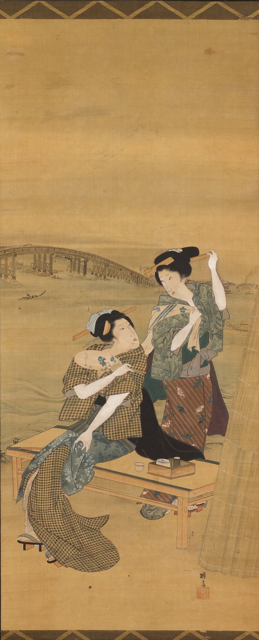 Duas mulheres bonitas fazem uma pausa numa loja de chá com vista para a Ponte Azuma de Teisai Hokuba