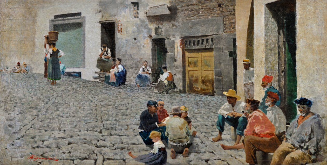 Marinheiros em Riomaggiore, c.1892-93 (óleo sobre tela) de Telemaco Signorini